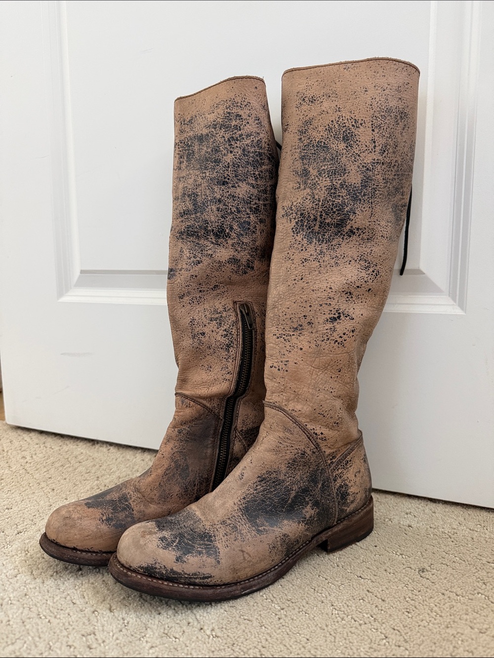 Bed Stu Distressed Tan and Black Tall Leather Boots